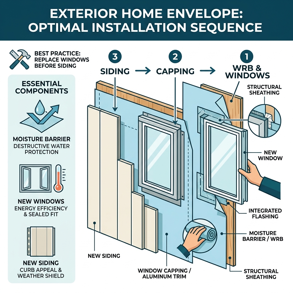 Infographic showing the exterior home envelope system: windows, siding, moisture barrier, and installation order - siding Infographic showing the exterior home envelope system: windows, siding, moisture barrier, and installation order - siding