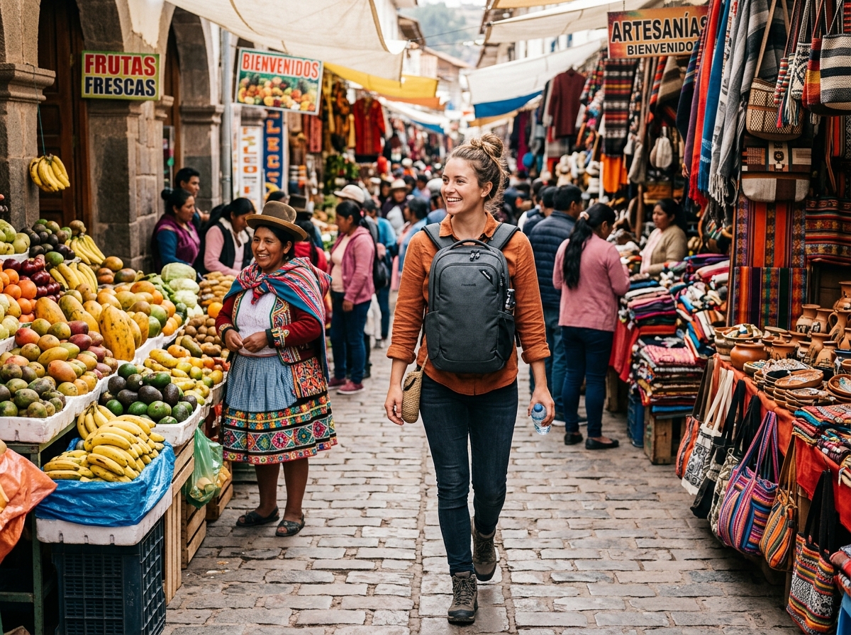 Solo traveler using a secure anti-theft backpack while walking through a South American market - best south american