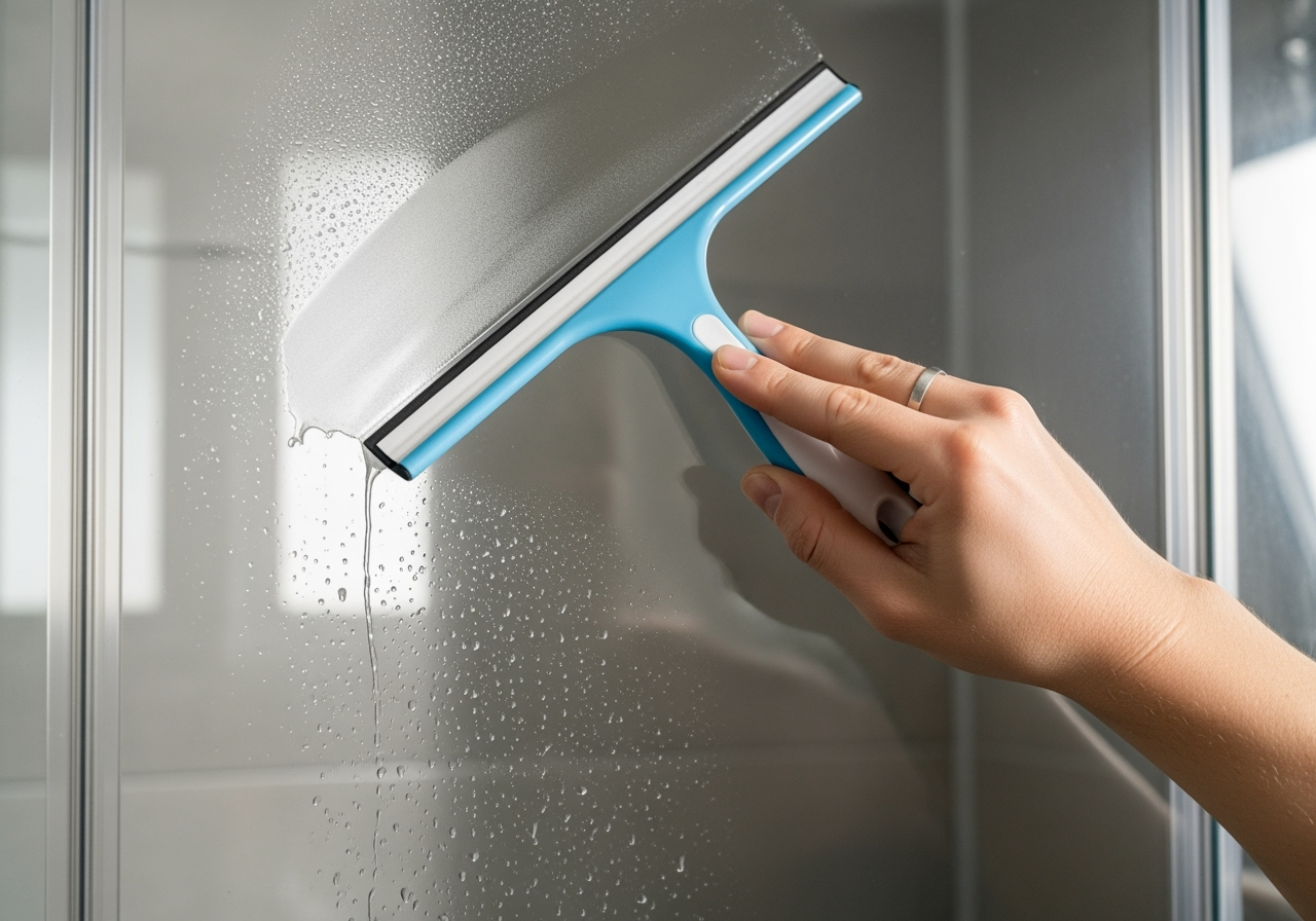 of a hand using a squeegee on a glass shower door - Hard water stain removal of a hand using a squeegee on a glass shower door - Hard water stain removal