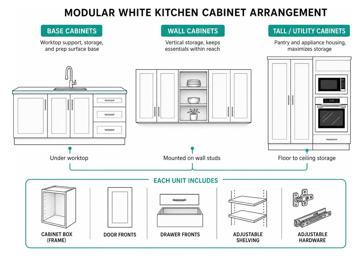Modular white kitchen cabinet arrangement diagram showing base, wall, and utility layout Modular white kitchen cabinet arrangement diagram showing base, wall, and utility layout