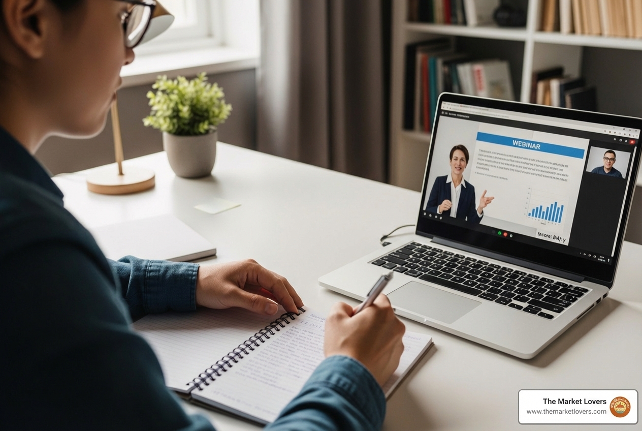 Image of a person taking notes during an engaging online webinar on their laptop - Business development seminars