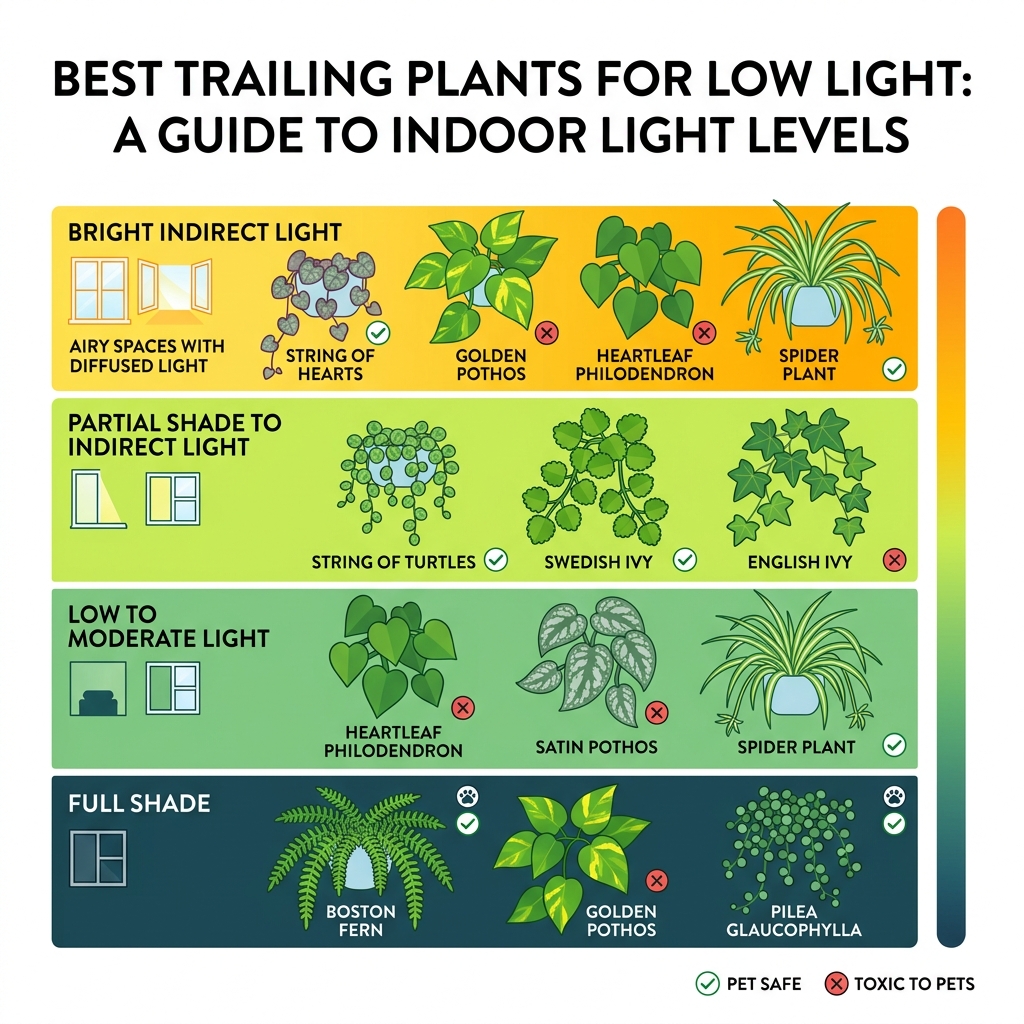 infographic showing indoor light levels from full shade to bright indirect with best trailing plants for each level - best