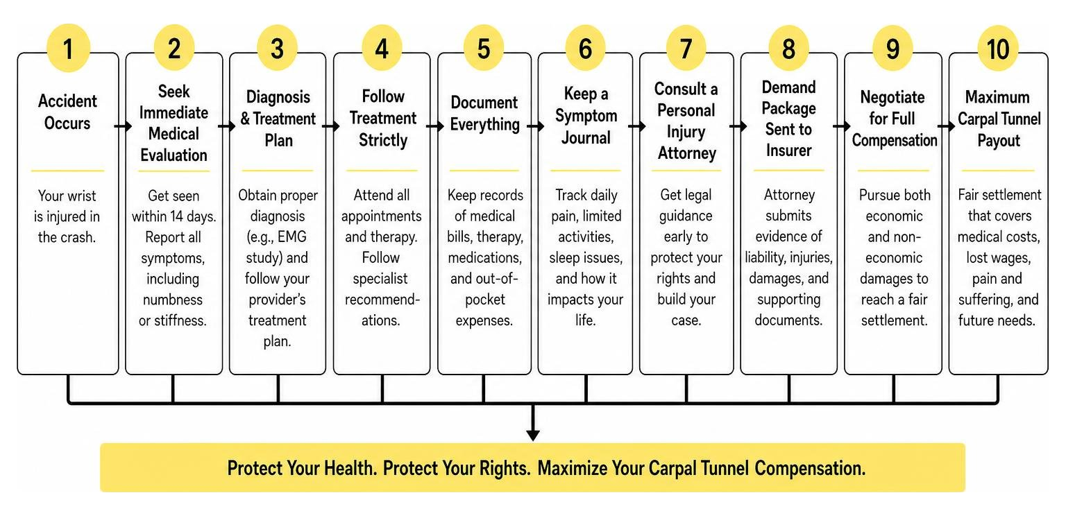 Flowchart of legal steps from accident scene to maximum carpal tunnel payout Flowchart of legal steps from accident scene to maximum carpal tunnel payout