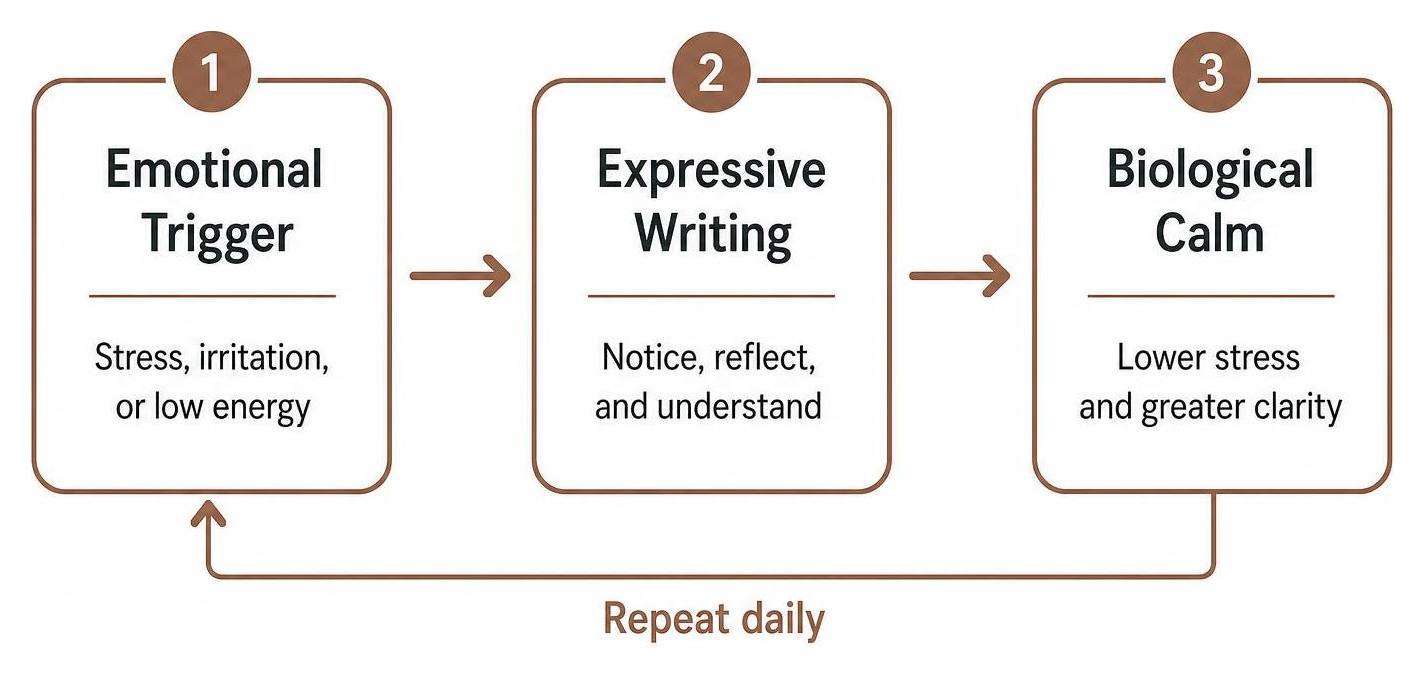 Flowchart showing the shift from emotional trigger to expressive writing to biological calm Flowchart showing the shift from emotional trigger to expressive writing to biological calm