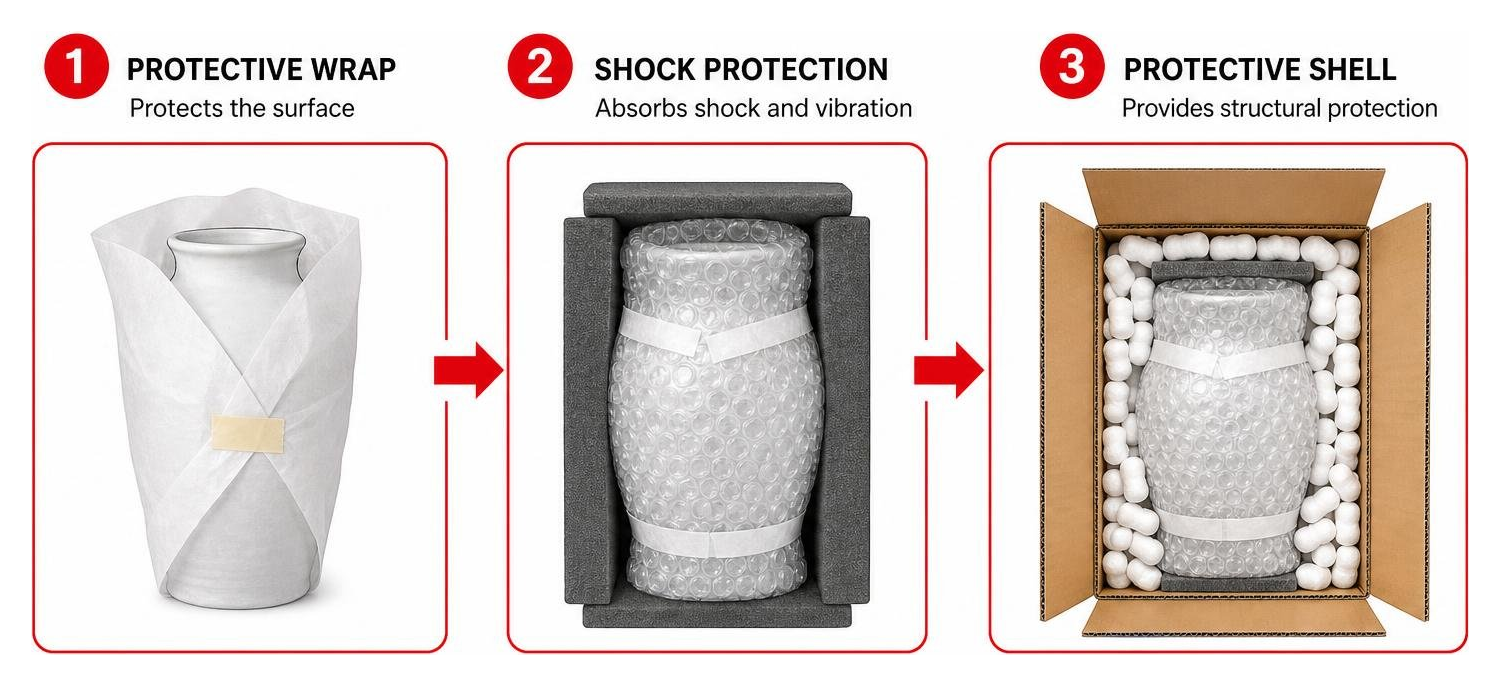 Diagram demonstrating the Smithsonian three-layer packing method: protective wrap, shock protection, and protective shell Diagram demonstrating the Smithsonian three-layer packing method: protective wrap, shock protection, and protective shell