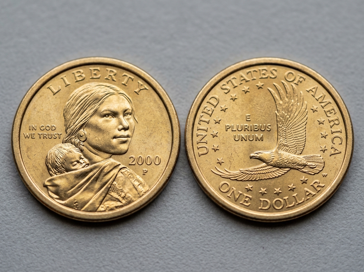 Close up of obverse and reverse details showing Sacagawea and the soaring eagle - sacagawea dollar coins
