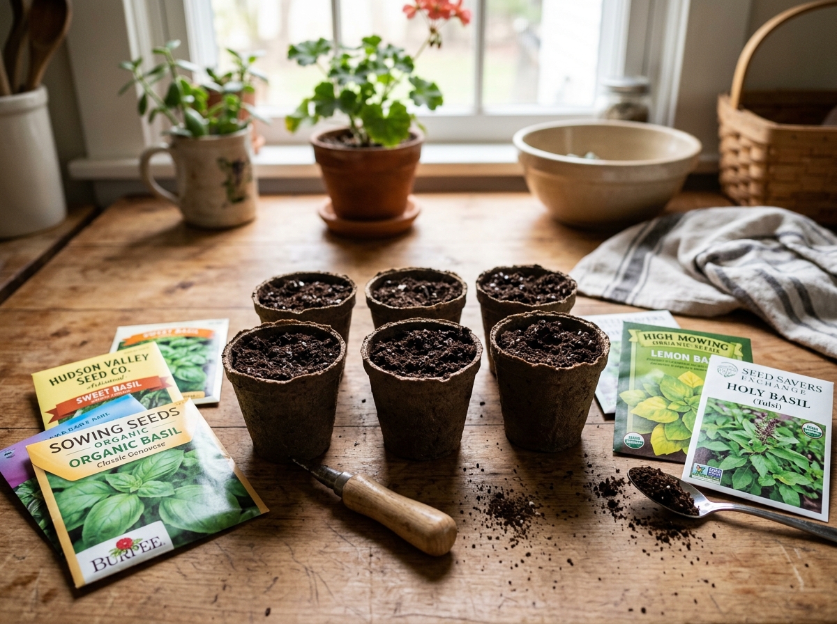 Organic potting mix and various basil seed packets on a wooden table - how to grow basil seeds indoors