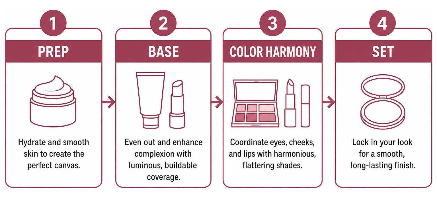 Charlotte Tilbury Makeup Wardrobe step sequence: Prep, Base, Color Harmony, Set