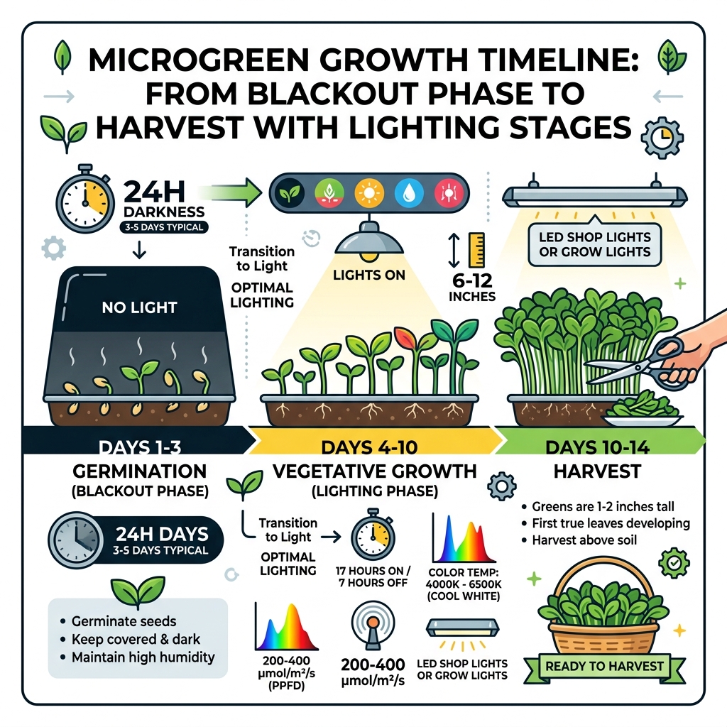 Microgreen growth timeline from blackout phase to harvest with lighting stages - microgreens lighting infographic 