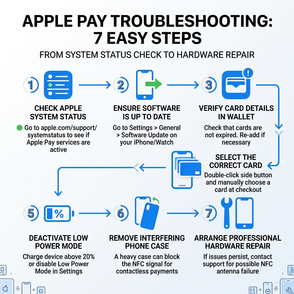7-step Apple Pay troubleshooting flowchart from system status check to hardware repair - why is my apple pay not working 7-step Apple Pay troubleshooting flowchart from system status check to hardware repair - why is my apple pay not working