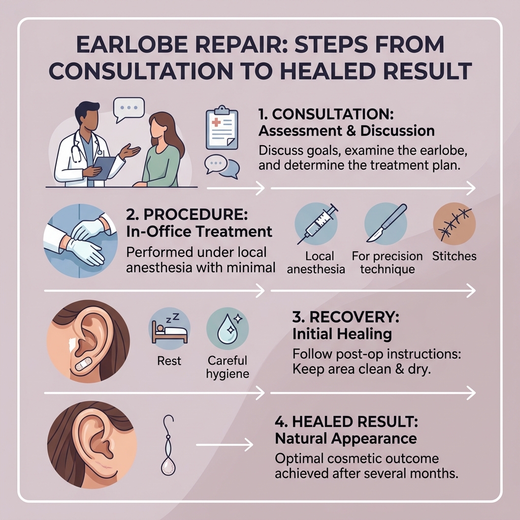 Steps of earlobe repair procedure from consultation to healed result - ear hole repair infographic 