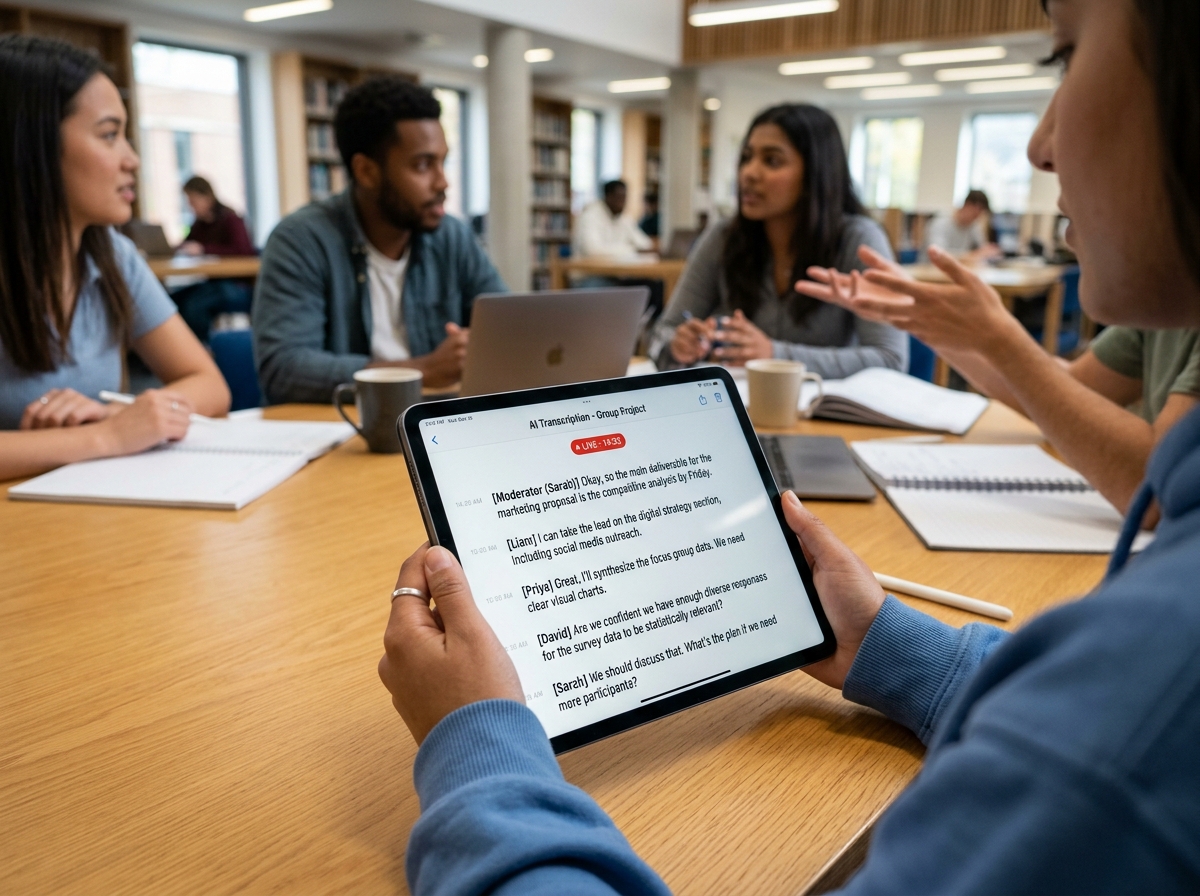 Tablet screen showing real-time AI text generation during a study group meeting - ai collaborative note app Tablet screen showing real-time AI text generation during a study group meeting - ai collaborative note app