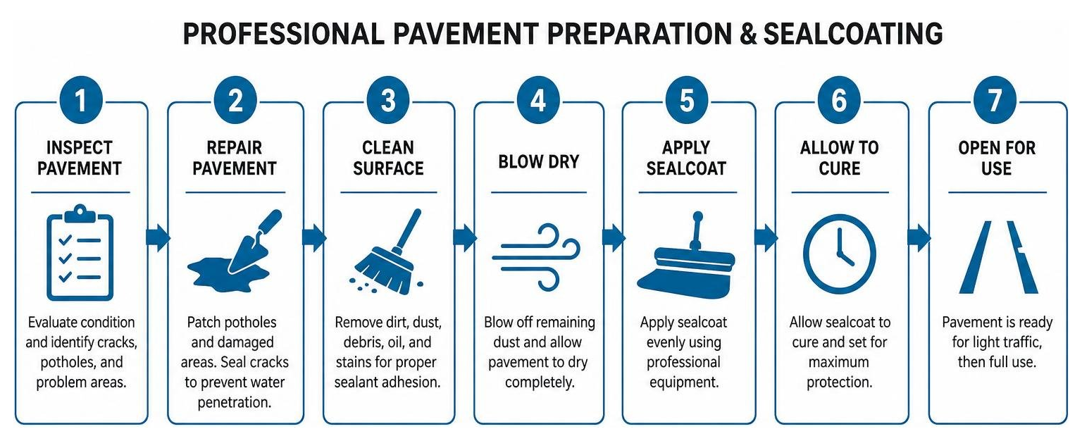A diagram showing the step-by-step sequence of professional pavement preparation and sealcoating