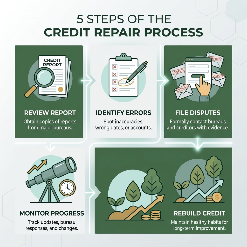 5 steps of the credit repair process: review report, identify errors, file disputes, monitor progress, rebuild credit - best 5 steps of the credit repair process: review report, identify errors, file disputes, monitor progress, rebuild credit - best