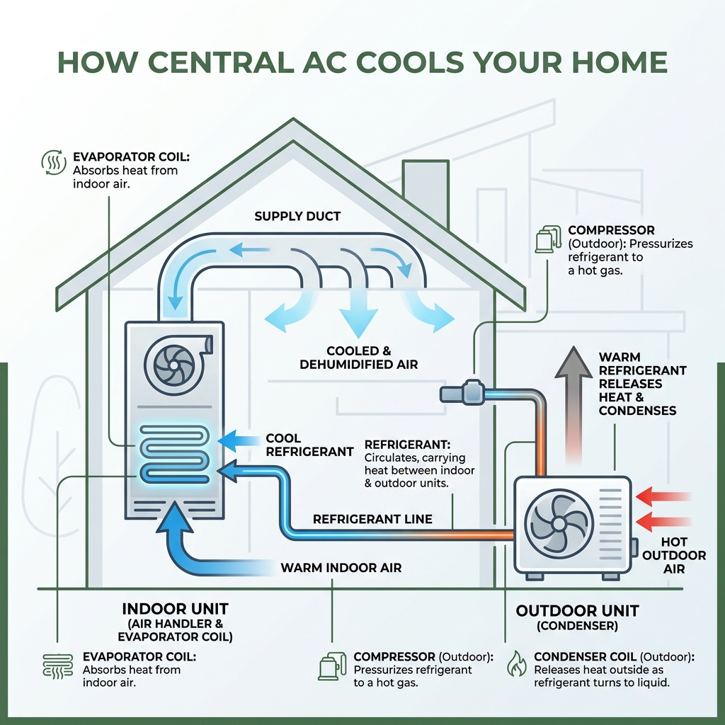 Central AC cooling cycle infographic showing airflow from outdoor condenser through refrigerant lines to indoor air handler