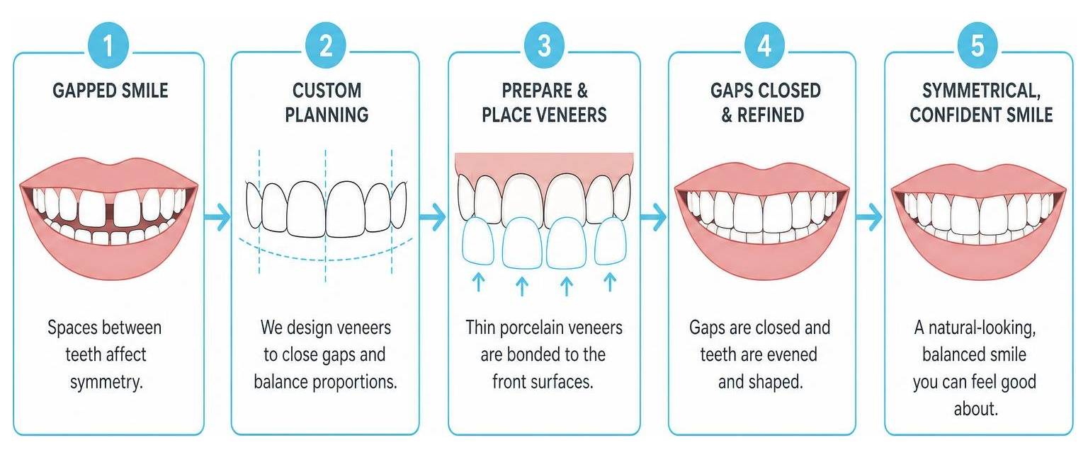 The journey from a gapped smile to a symmetrical, confident smile with veneers