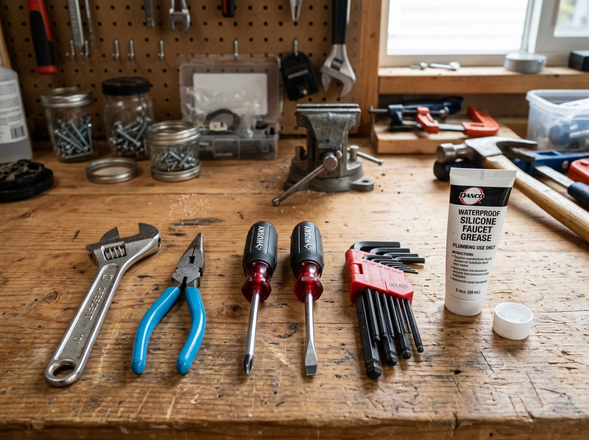 Essential plumbing tools for shower repair including wrenches and screwdrivers - fix leaking shower faucet Essential plumbing tools for shower repair including wrenches and screwdrivers - fix leaking shower faucet