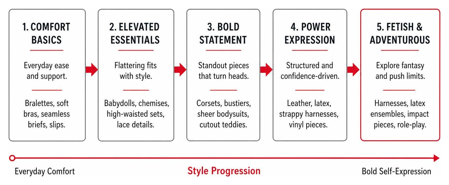 Diagram showing progression from basic comfort pieces to statement and fetish fashion styles Diagram showing progression from basic comfort pieces to statement and fetish fashion styles