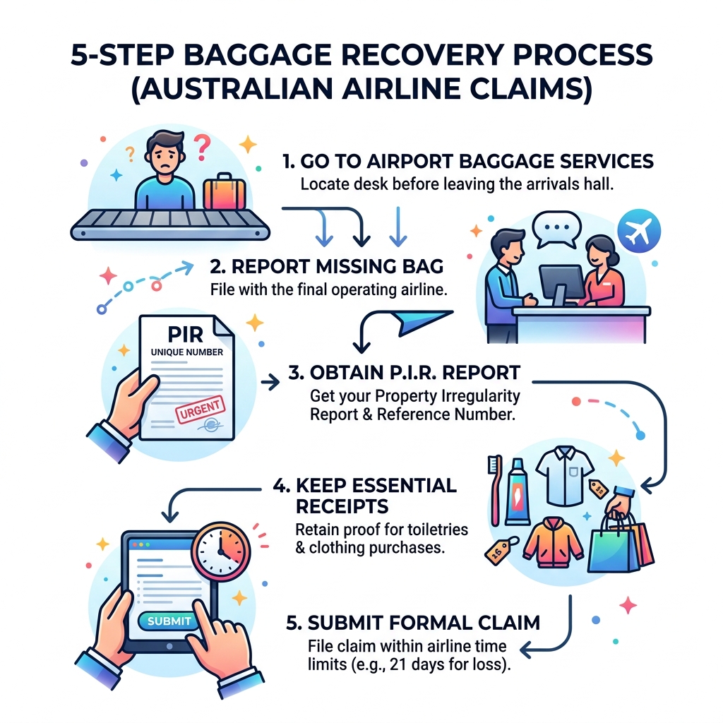 5-step baggage recovery process flowchart for Australian airline claims - lost bag claim australia infographic 