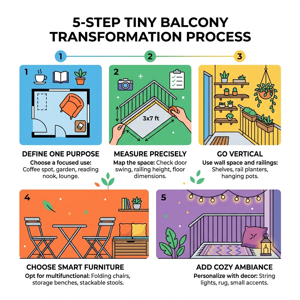 5-step tiny balcony transformation process infographic - very small balcony ideas infographic 