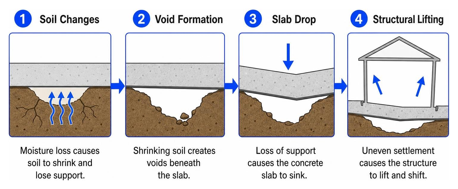 Cause and effect: soil changes, void formation, slab drop, and structural lifting Cause and effect: soil changes, void formation, slab drop, and structural lifting