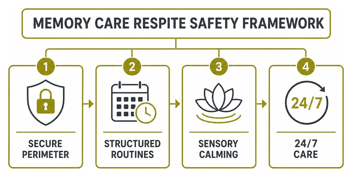 Memory care respite safety framework: secure perimeter, structured routines, sensory calming, 24/7 care