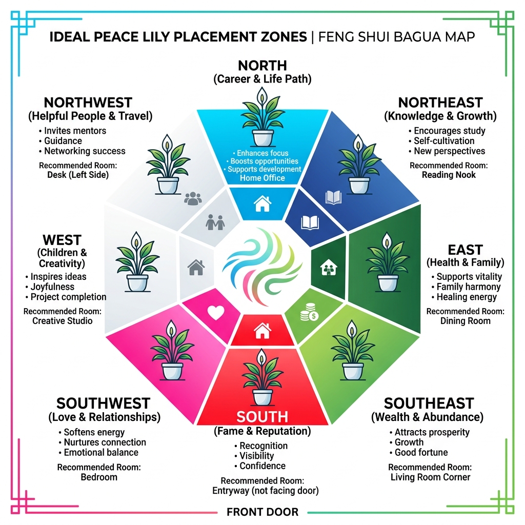Feng Shui bagua map showing ideal peace lily placement zones by room and direction - peace lily feng shui placement Feng Shui bagua map showing ideal peace lily placement zones by room and direction - peace lily feng shui placement