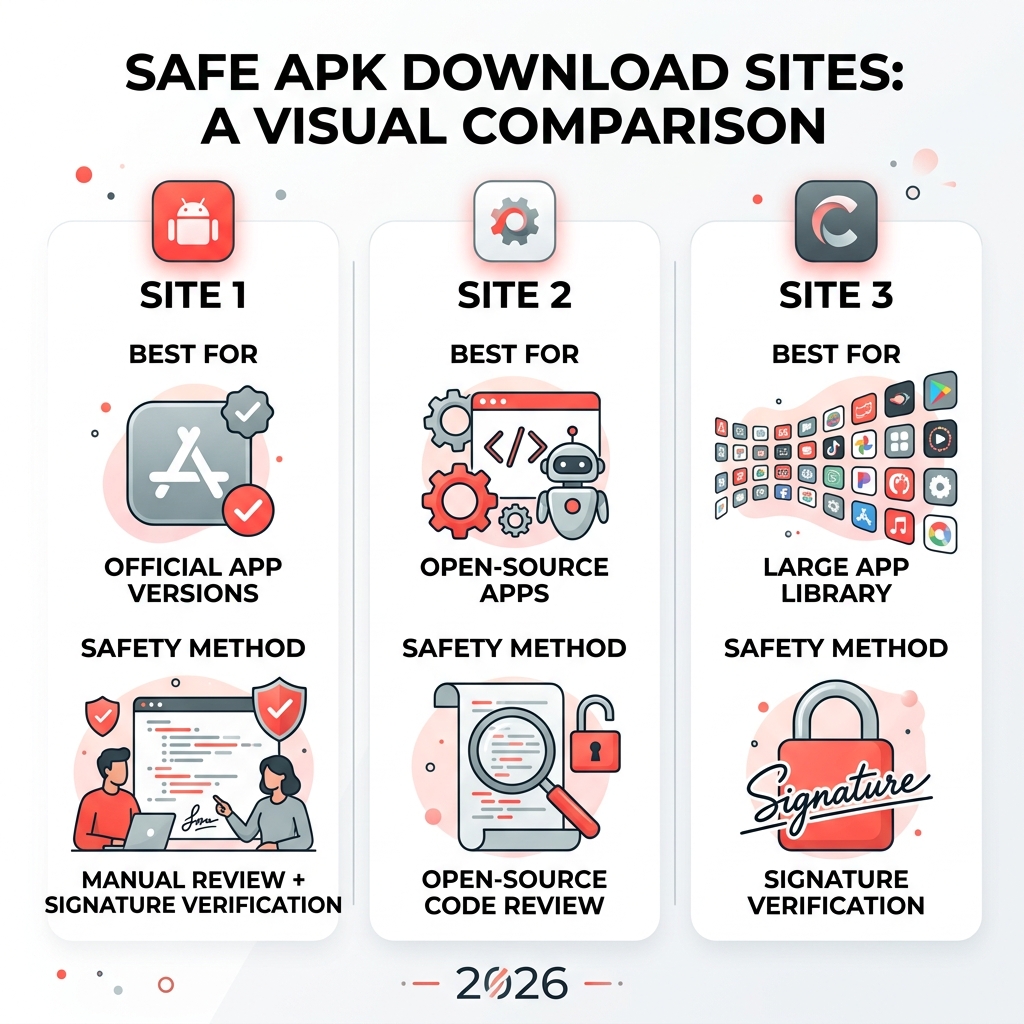 Comparison infographic of top safe APK download sites with safety features and best use cases - safe apk download sites