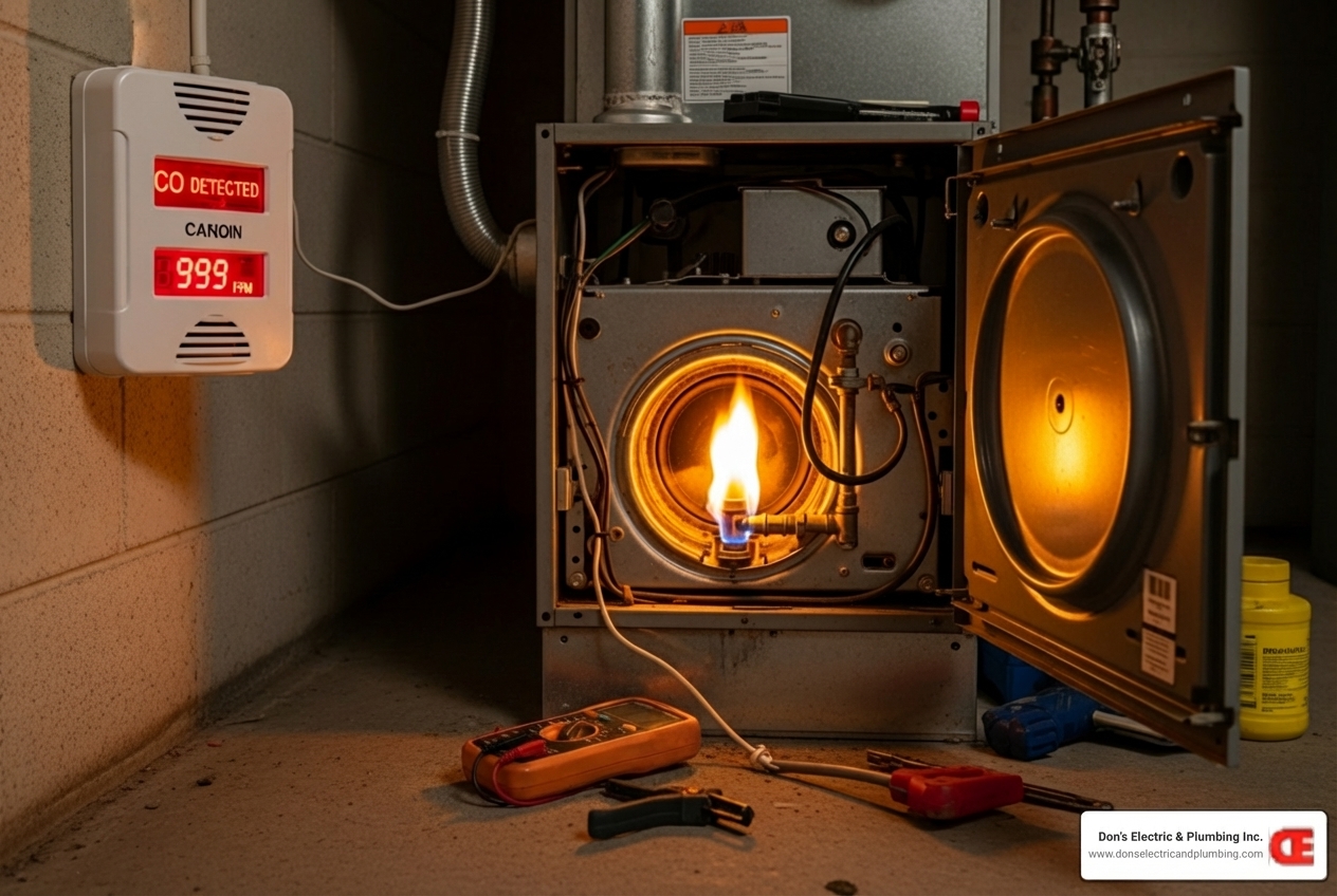 Infographic showing three critical signs requiring emergency gas heater replacement: 1) Complete heating failure with no warm air, 2) Strong gas odor or carbon monoxide alarm activation, 3) Cracked heat exchanger or yellow pilot light flame - emergency gas heater installation in canajoharie, ny Infographic showing three critical signs requiring emergency gas heater replacement: 1) Complete heating failure with no warm air, 2) Strong gas odor or carbon monoxide alarm activation, 3) Cracked heat exchanger or yellow pilot light flame - emergency gas heater installation in canajoharie, ny