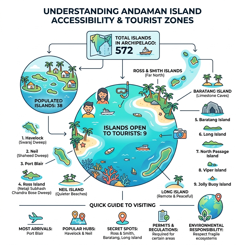 Andaman island accessibility and tourist zones infographic showing 572 islands, 38 populated, 9 open to tourists - secret Andaman island accessibility and tourist zones infographic showing 572 islands, 38 populated, 9 open to tourists - secret