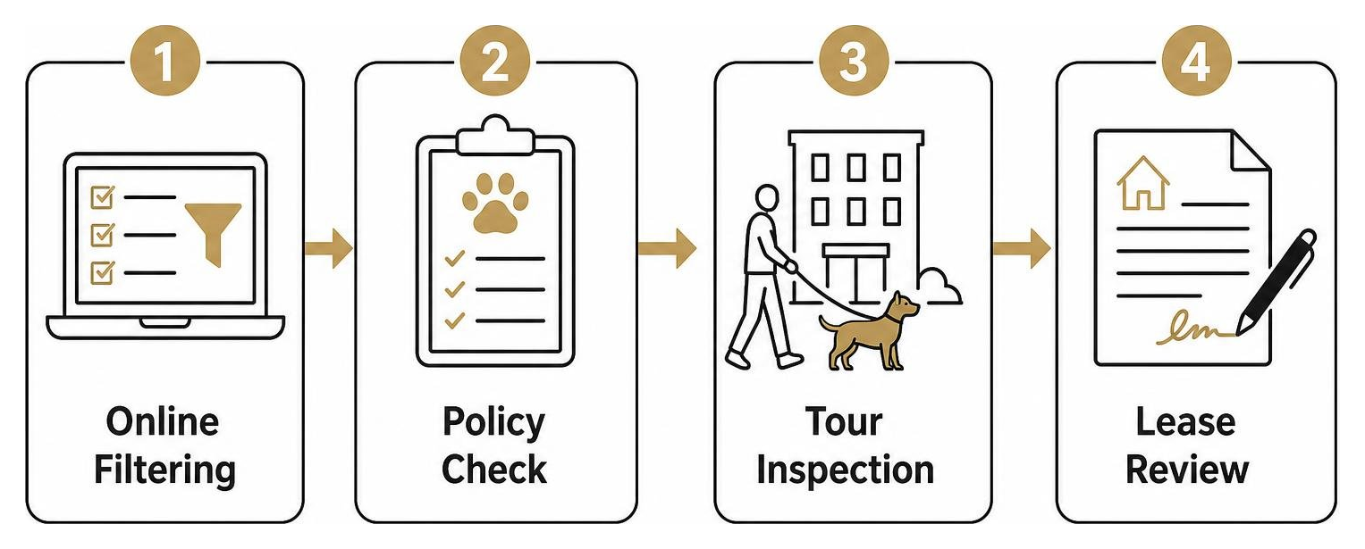 Rental evaluation process diagram showing online filtering, policy check, tour inspection, and lease review Rental evaluation process diagram showing online filtering, policy check, tour inspection, and lease review