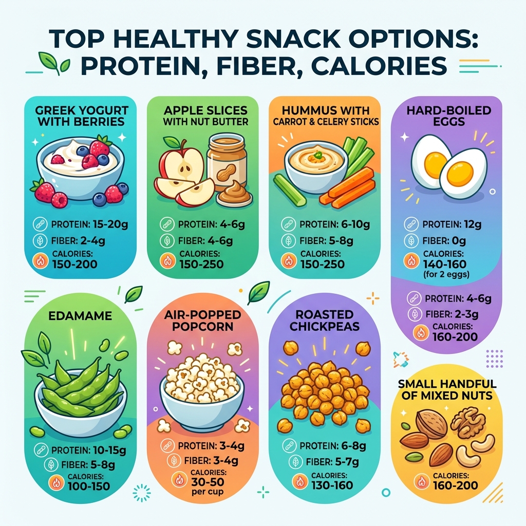 Top healthy snack food options with protein, fiber, and calorie info - healthy snack food options infographic Top healthy snack food options with protein, fiber, and calorie info - healthy snack food options infographic