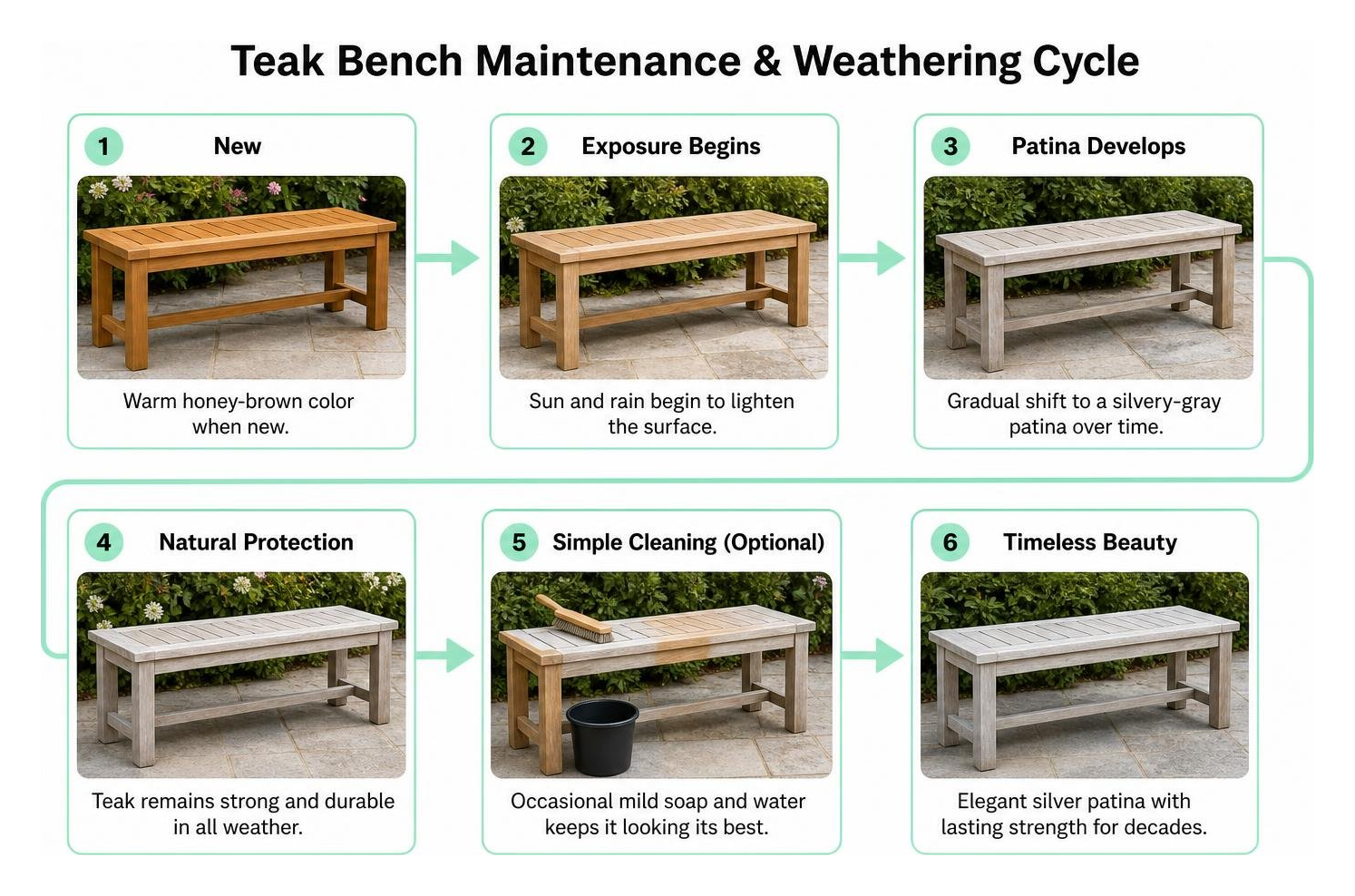 Step-by-step teak bench maintenance and weathering cycle