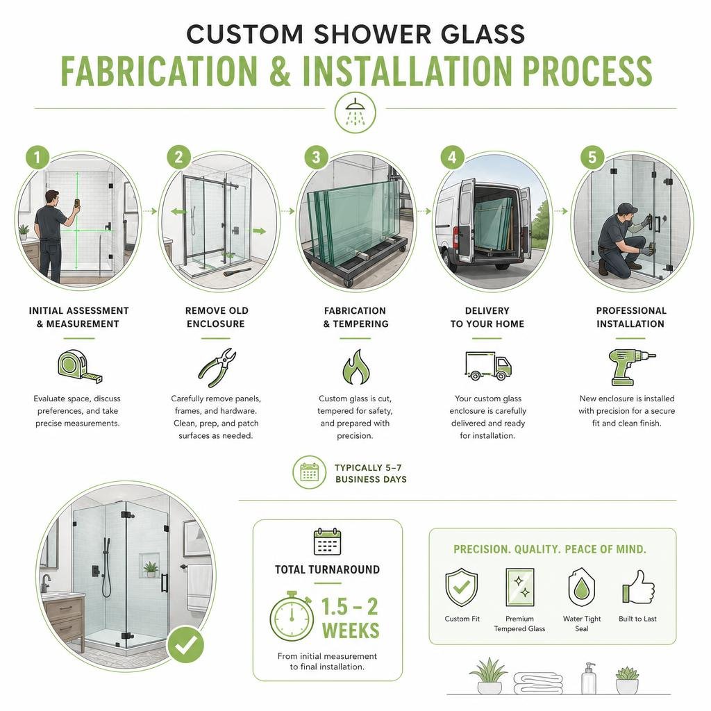 custom shower glass fabrication and installation process infographic