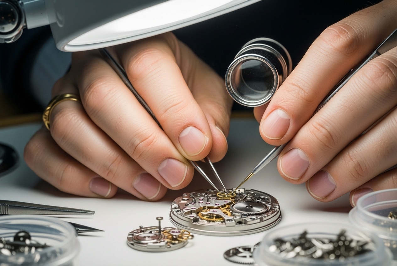 A watch being assembled.