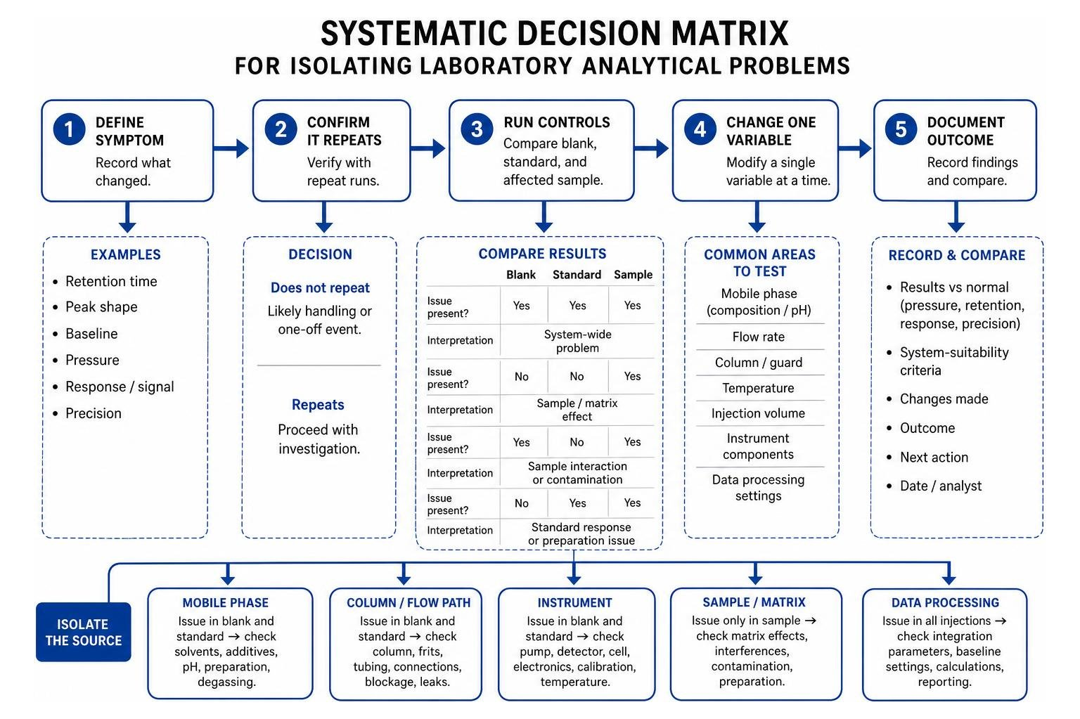Systematic decision matrix for isolating laboratory analytical problems Systematic decision matrix for isolating laboratory analytical problems
