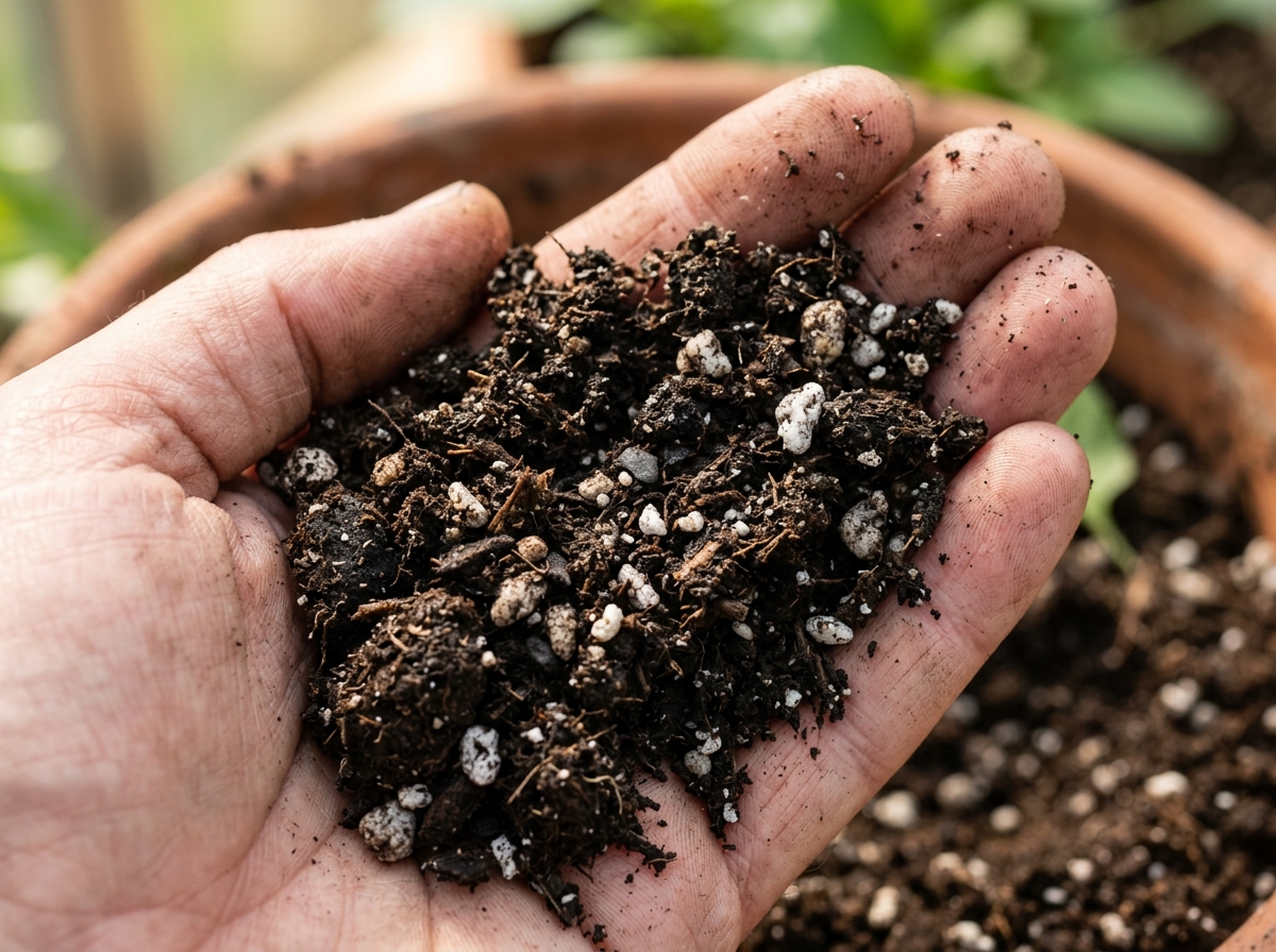 High-quality loamy potting soil texture showing visible bits of perlite and organic matter - soil for indoor basil High-quality loamy potting soil texture showing visible bits of perlite and organic matter - soil for indoor basil