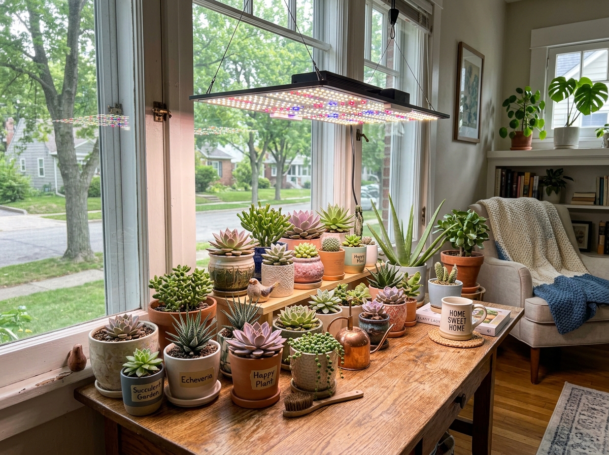 Succulents arranged under a full-spectrum LED grow light in a home setting - winter care indoor succulents Succulents arranged under a full-spectrum LED grow light in a home setting - winter care indoor succulents