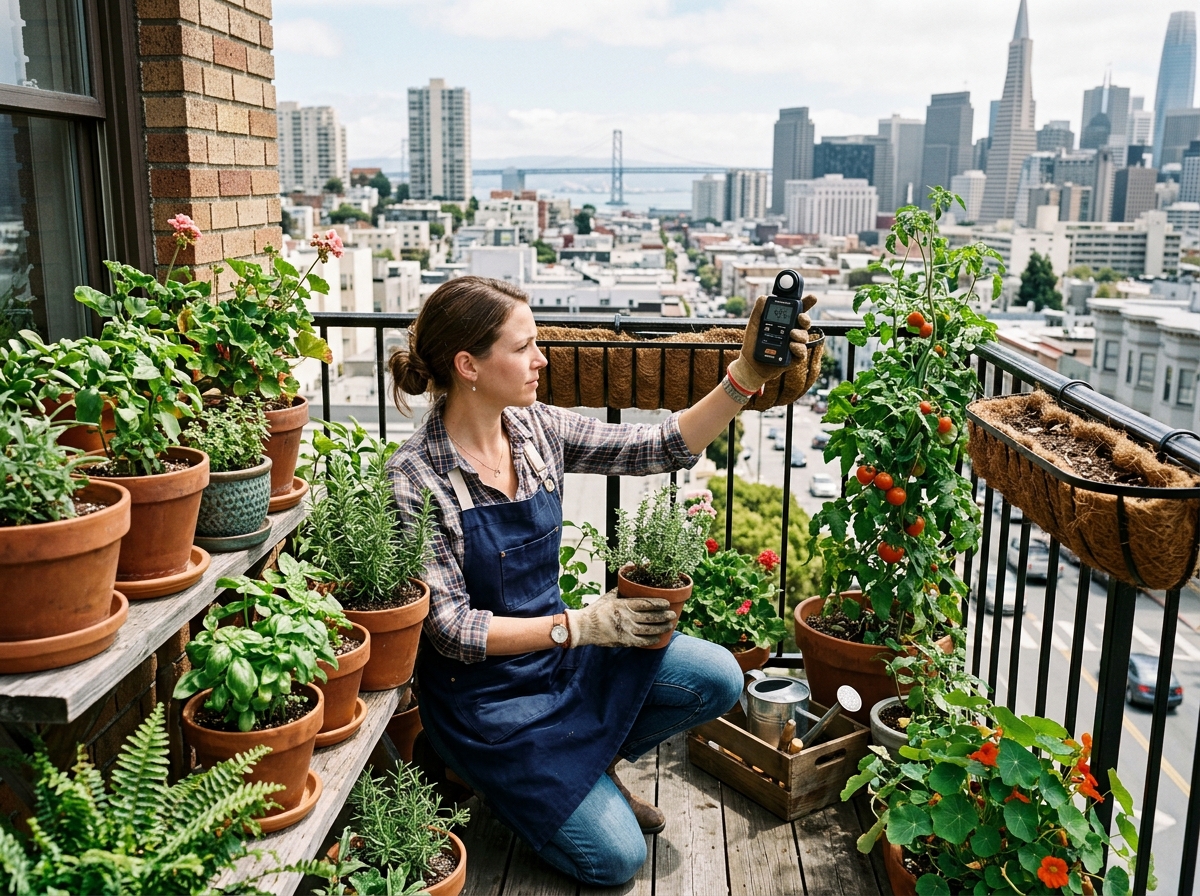 Gardener measuring sunlight on a balcony with a light meter - low maintenance plants for balcony