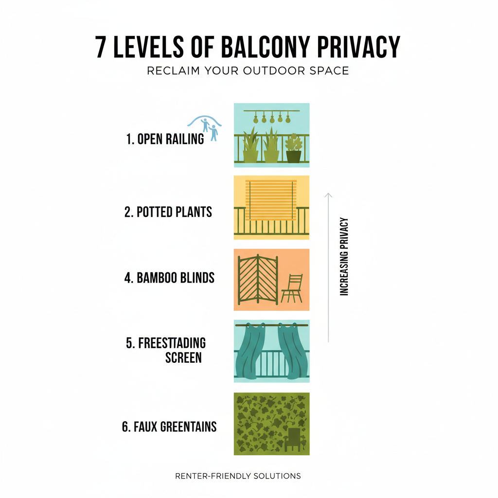 infographic showing 7 levels of balcony privacy from open railing to full green wall with labels and icons - how to create