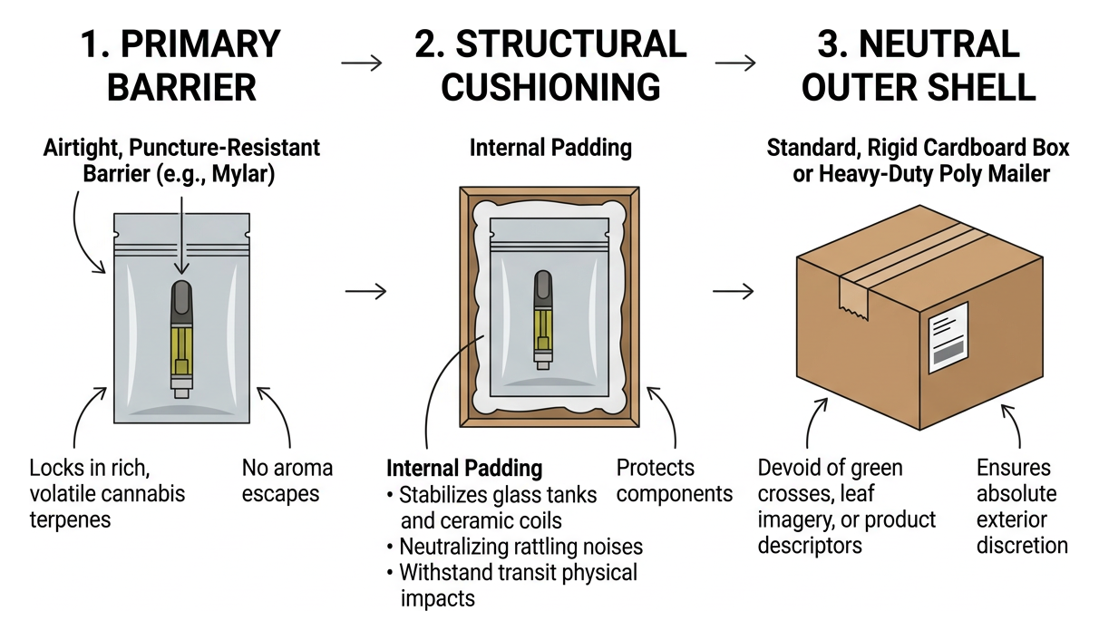 Diagram showing three-layer stealth packaging process from vape cart to sealed mylar to plain shipping box Diagram showing three-layer stealth packaging process from vape cart to sealed mylar to plain shipping box