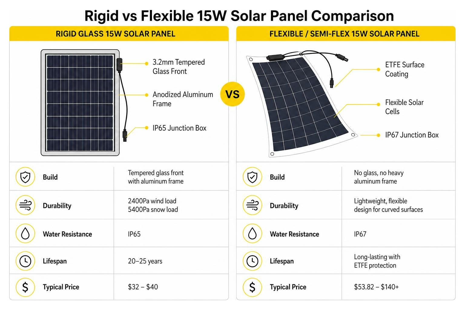Rigid vs Flexible 15W Solar Panel Comparison Rigid vs Flexible 15W Solar Panel Comparison