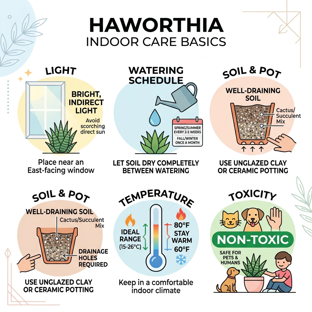 Haworthia indoor care basics infographic: light, watering schedule, soil, temperature, and toxicity - haworthia indoor care