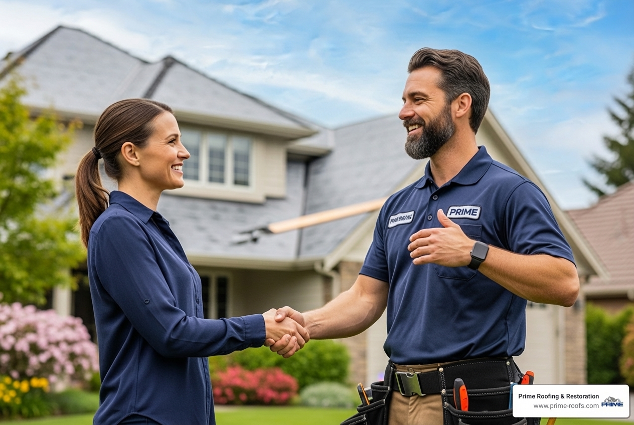 friendly roofing contractor shaking hands with a homeowner - Local roofing contractors friendly roofing contractor shaking hands with a homeowner - Local roofing contractors