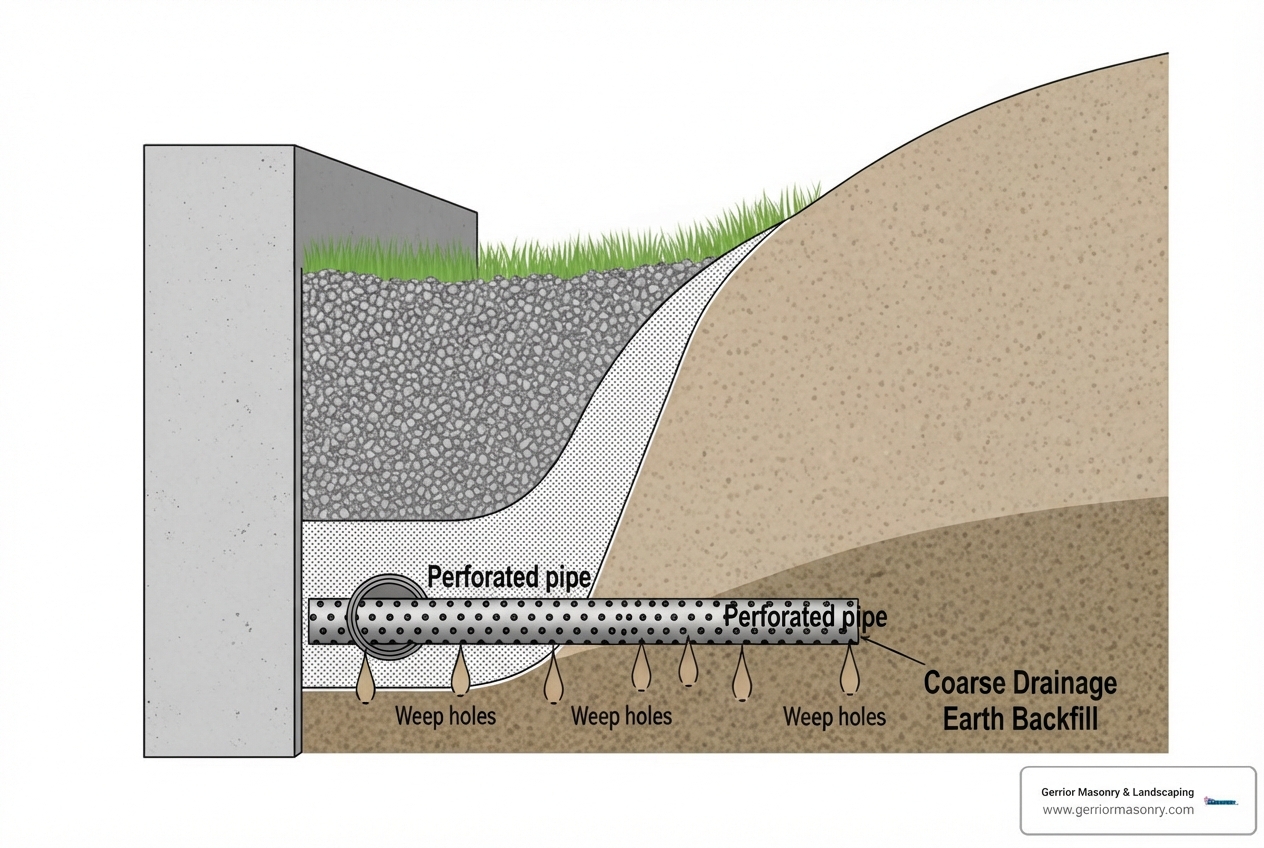 cross-section of retaining wall drainage system - drainage holes in retaining walls