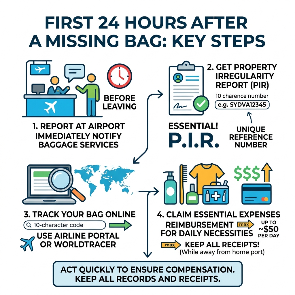 Infographic: First 24 hours after a missing bag - report at airport, get PIR, track online, claim essentials up to $50/day Infographic: First 24 hours after a missing bag - report at airport, get PIR, track online, claim essentials up to $50/day