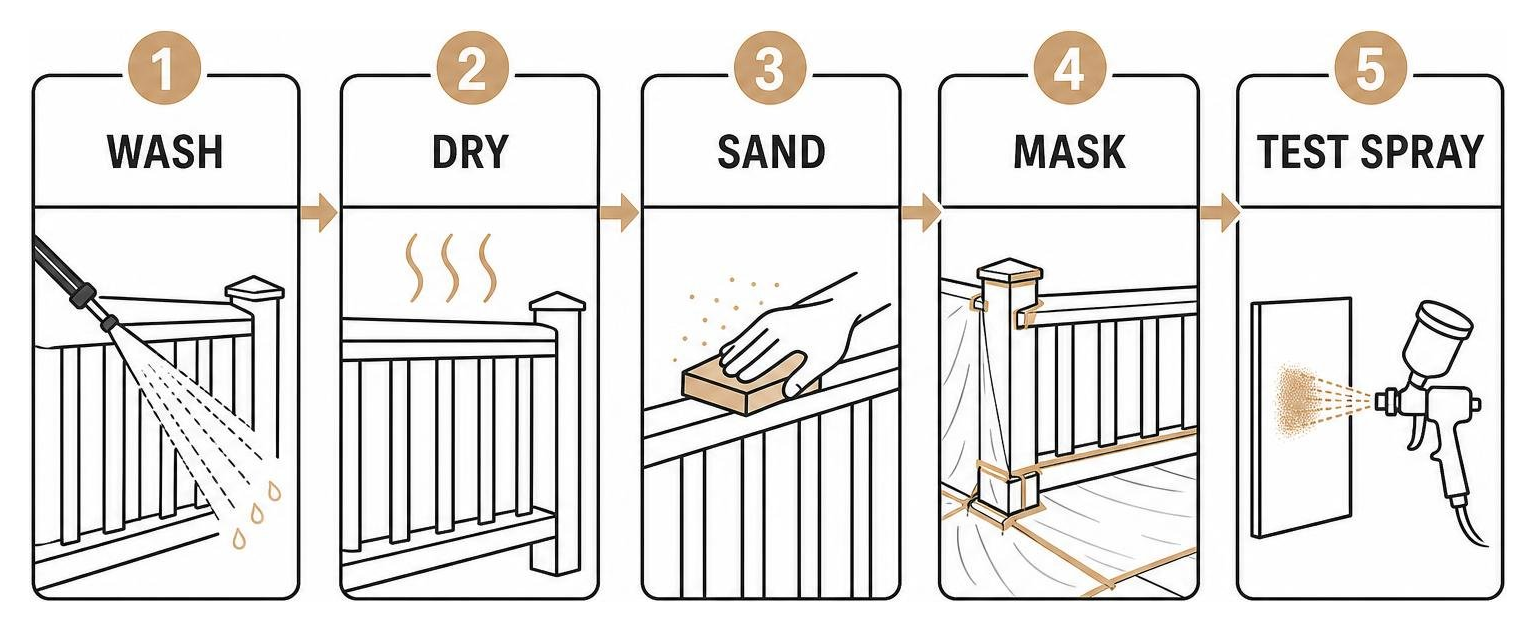 Preparation workflow: wash, dry, sand, mask, and test spray