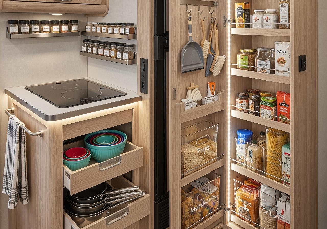 Neatly organized RV kitchen or closet space - RV storage options Neatly organized RV kitchen or closet space - RV storage options