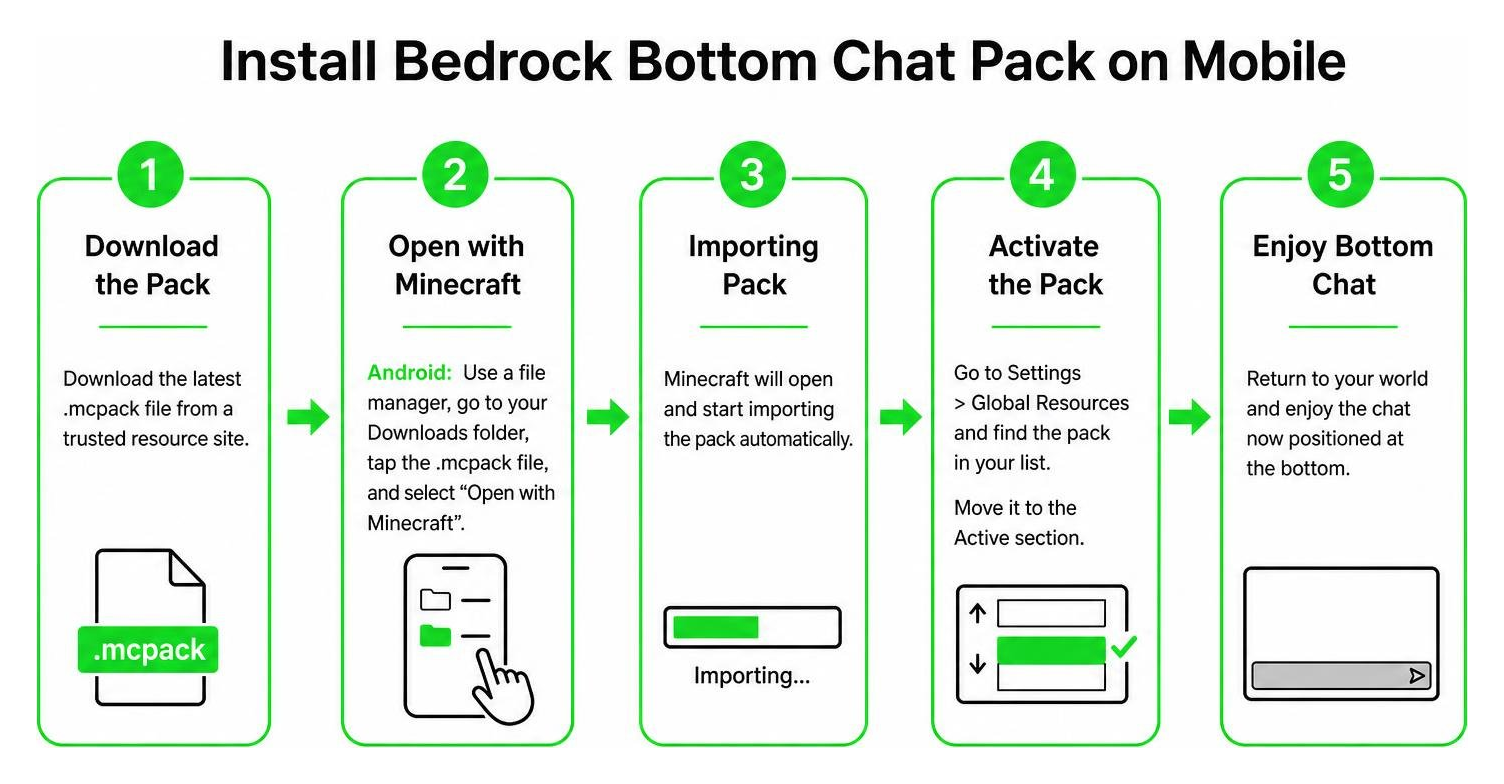 Diagram of mobile installation steps for Minecraft Bedrock resource packs Diagram of mobile installation steps for Minecraft Bedrock resource packs