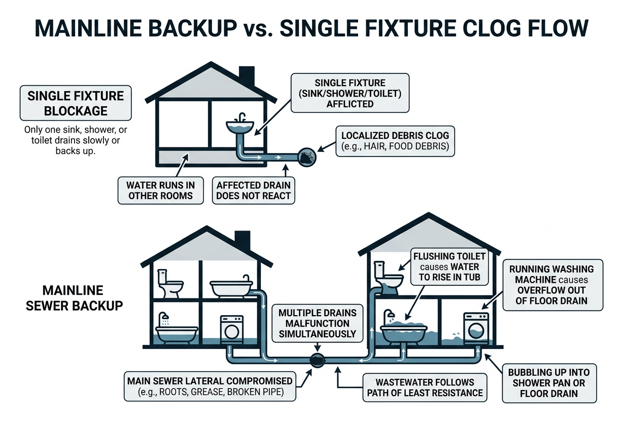 Mainline backup vs single fixture clog flow